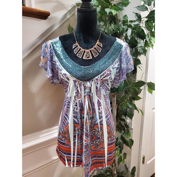 One World Women's Multicolor Polyester V-Neck Short Sleeve Casual Top Blouse L - Picture 11 of 11